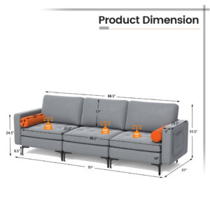 Modern Modular 3-Seat Sofa Couch w/ 103-Degree Backrest & Cushions Ash Grey