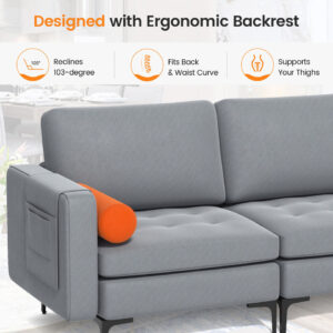 Modern Modular 3-Seat Sofa Couch w/ 103-Degree Backrest & Cushions Ash Grey