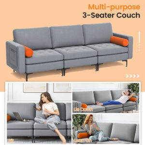 Modern Modular 3-Seat Sofa Couch w/ 103-Degree Backrest & Cushions Ash Grey